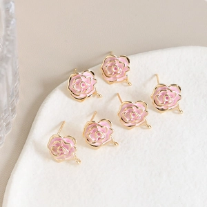 Pink enamel camellia flower earrings with gold plating and S925 sterling silver pins