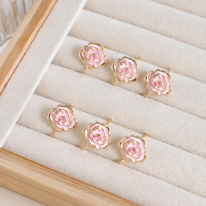 Pink enamel camellia flower earring base charms with gold plating for DIY jewelry making