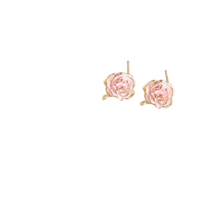 Pink camellia flower stud earrings with gold outline and s925 silver needle for women