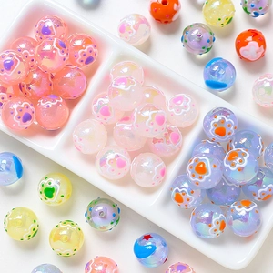 Hand Painted Cartoon Round Beads Acrylic Resin Spacer Beads With Cat Paw Moon Pattern For Jewelry Making Accessories Craft
