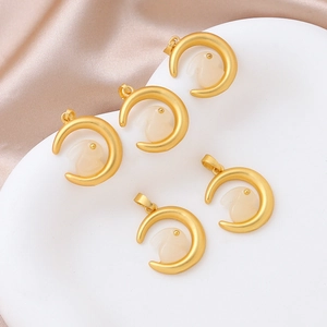 Five gold-plated crescent moon and jade rabbit charms for DIY jewelry making