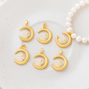 Gold Plated Copper Moon Jade Rabbit Pendant Synthetic Stone Inlaid Cute Animal Charm For DIY Jewelry Necklace Accessory Women