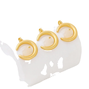 Three gold crescent moon pendants with translucent jade rabbit inlay for jewelry making
