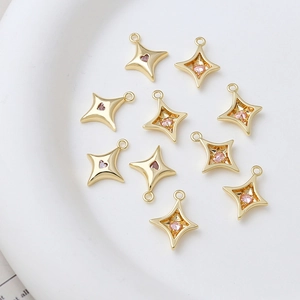 10-piece gold plated star charms with pink heart zircon for DIY jewelry making