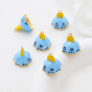 Blue enamel umbrella pendants with gold plating and floral patterns for DIY jewelry making