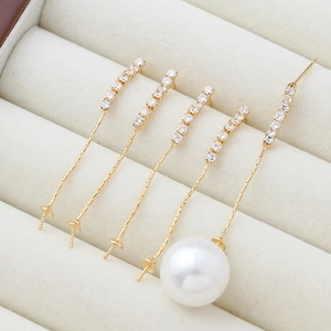 18k gold plated long drop earrings with micro-set zircon and pearls for DIY jewelry making