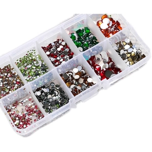 10-compartment storage box filled with colorful flatback rhinestones for DIY crafts