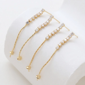 18k gold plated earring parts with sparkling zircon and long chain for DIY jewelry