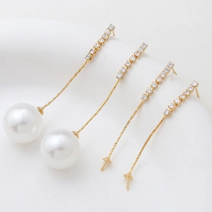 18K Gold Plated Copper Zirconia Long Linear Stud Earring Findings For DIY Artificial Pearl Jewelry Making Handcrafted Earring Settings