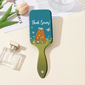 Cute bear hair brush with gradient blue-green finish and Think Spring illustration