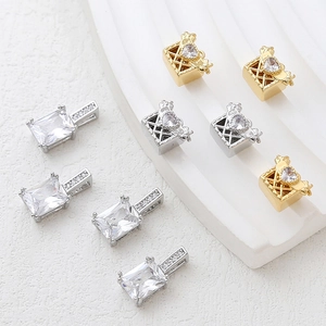 14k gold plated copper zircon charms with rectangular and heart cut stones for DIY jewelry