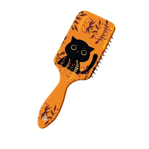 Cute cartoon cat air cushion hair brush in warm orange with autumn leaves pattern