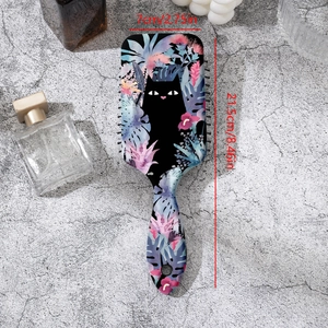 Black hairbrush with cute cat and floral print, measures 8.46 inches for detangling hair
