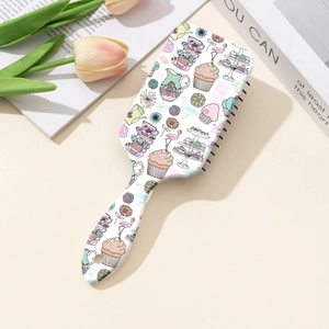 Cartoon fruit print square cushion hairbrush with floral flamingo patterns on white base