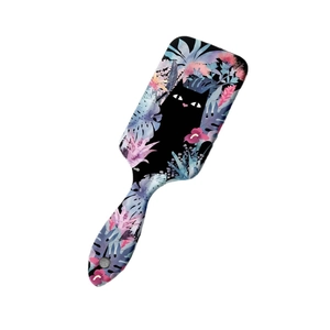 Rectangular hair brush with cute black cat and tropical floral print on white background