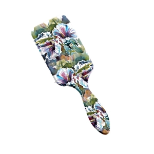 Floral paddle hairbrush with blue-purple watercolor hibiscus pattern and air cushion