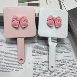 Portable Cute Bow Handheld Mirror With Comb Girlish Heart Small Makeup Mirror Plastic Decorative Grooming Tool For Women