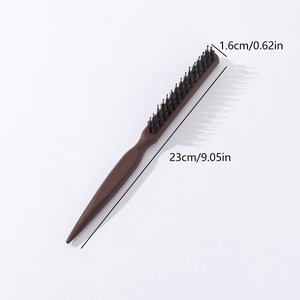 Teasing hair brush with three-row boar bristles and dark red pointed tail handle