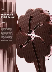 Detail of petal-shaped vented hair brush showing deep red finish and flexible pink bristles