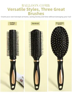 Detailed set of three black and champagne gold hair brushes for styling and massage