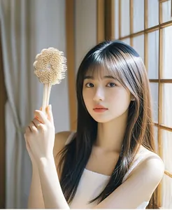 Detail of petal-shaped hair brush held by a woman in soft, natural daylight setting