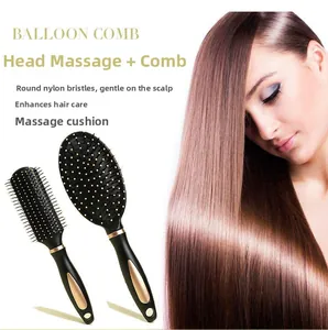 Detail of professional balloon massage comb with round nylon bristles and elastic cushion