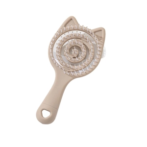 Cat-shaped hollow spiral hairbrush in beige with massage teeth and hanging hole