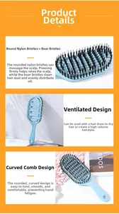 Detail of blue hairbrush with nylon round-tip pins and boar bristles for scalp massage