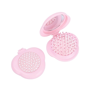 Cute pink flower-shaped portable folding hairbrush with integrated mirror and air cushion