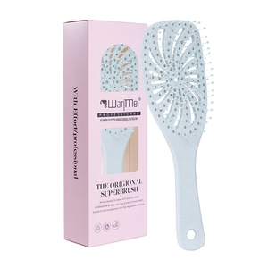 Blue detangling hairbrush with spiral vented design and pink packaging for styling