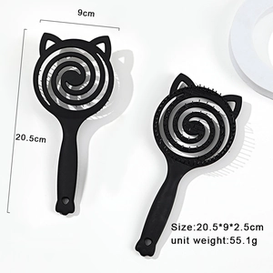 Front and back view of a black cat-ear hairbrush with a spiral hollowed-out design