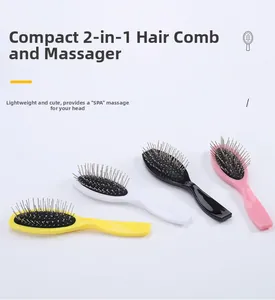 Macro detail of compact detangling hairbrushes with stainless steel needles in four colors