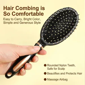 Ergonomic black and gold air cushion massage hair brush with nylon ball bristles