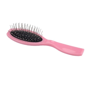 Pink ergonomic oval cushion hairbrush with massage steel pins and black base