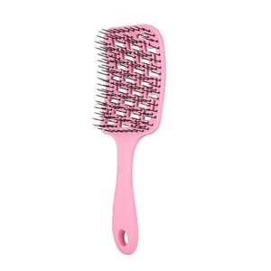 Pink curved detangling brush with hollow design and scalp massage bristles for wet hair