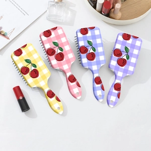 Vintage Cherry Plaid Print Paddle Hair Brush Scalp Massage Air Cushion Comb Portable ABS Detangling Brush For Women Girls Daily