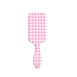Pink and white checkered air cushion hairbrush with ergonomic handle for detangling
