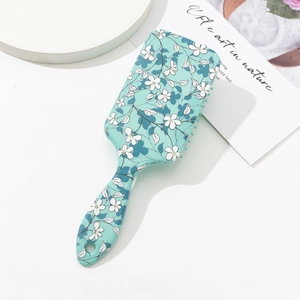 Floral air cushion massage hairbrush in mint green with blue flower pattern and hanging hole