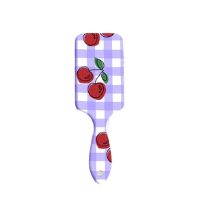 Purple gingham cherry pattern air cushion hair brush with square paddle and hanging hole