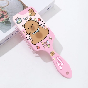 Pink cartoon capybara hairbrush with soft massage air cushion for untangling hair