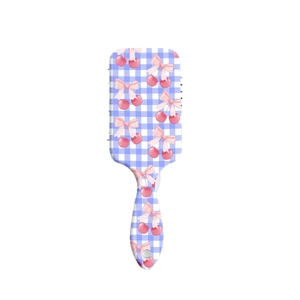 Brosse à cheveux plate à damier bleu avec motif cerise et nœud pour démêler