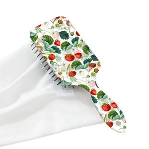 Strawberry print detangling air cushion hairbrush with massage bristles on white silk fabric