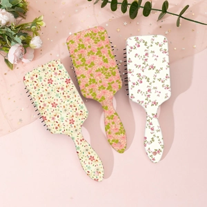 Floral hair cushion brush set with massage bristles and cute botanical prints