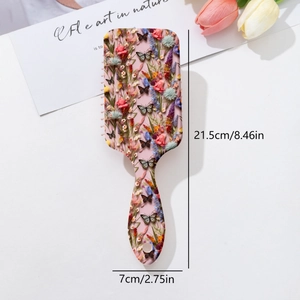 Pink floral cushion hairbrush with 3D flower and butterfly patterns, size 21.5cm by 7cm