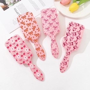Pink Air Cushion Hair Brush For Women Bowknot Cherry Print Detangling Massage Brush Plastic Hair Tool Daily Use Styling