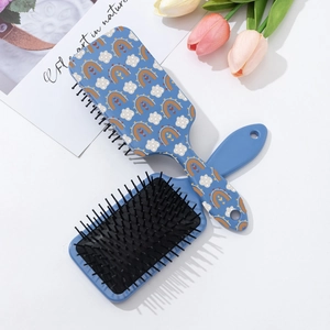 Bohemian sky blue scalp massage cushion hairbrush with rainbow and cloud pattern print