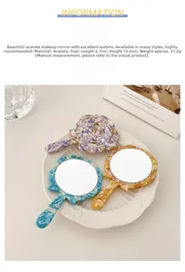 Detailed size specifications of marble textured acetate flower hand mirrors in three colors