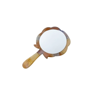 Artistic acetate rose flower handheld round makeup mirror with amber resin frame