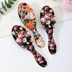Vintage floral pattern cushion hair brushes set with elegant massage bristles for hair care