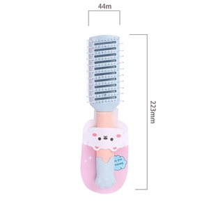 Detail view of vented hair brush in pastel colors with cute cartoon animal handle and size info